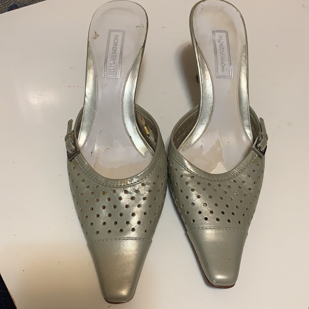 NORDSTROM Leather SLIP ON POINTY TOE HEELS SHOES GREEN Size 6 HEEL MULE